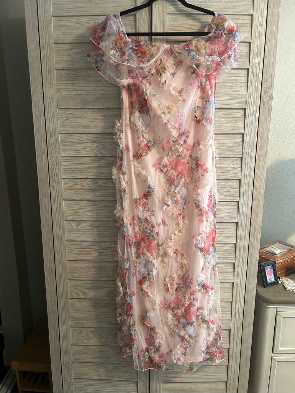 Pink Floral Ruffled Sheer Midi Dress